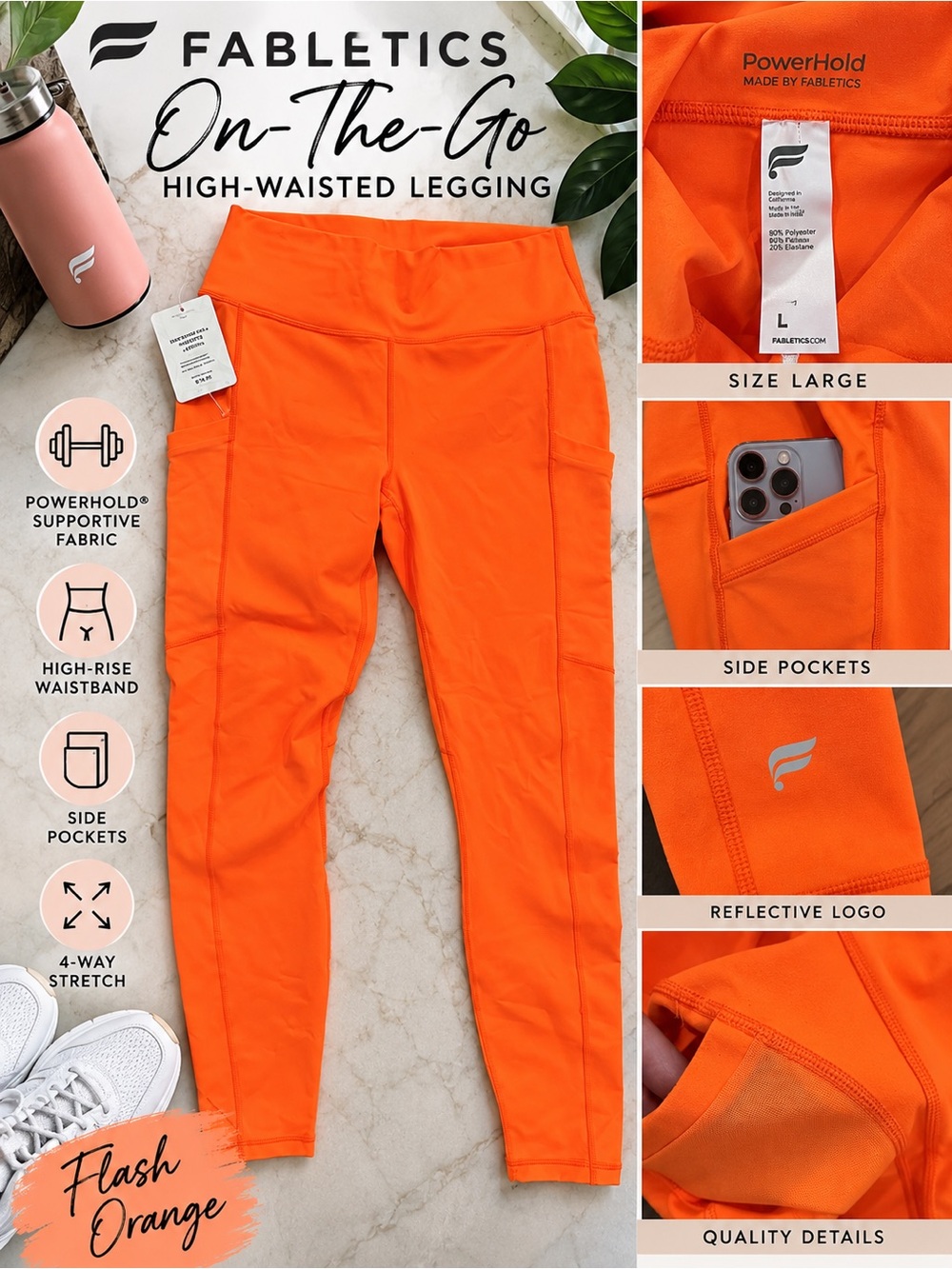 Fabletics On-The-Go High-Waisted PowerHold Leggings Large Flash Orange NWT